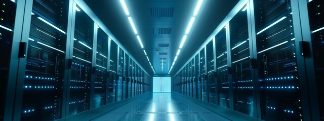 A server room filled with rows of illuminated server racks and blinking lights, showcasing the vast computing power of the digital age. 8k, ultra details. - obrazy, fototapety, plakaty