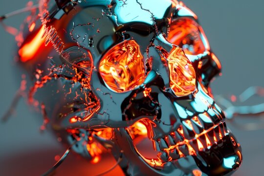 A digital skull composed of glitching pixels, with binary code cascading from its empty eye sockets