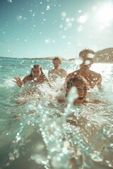 A group of friends splashing and laughing in crystal-clear ocean water, sunlight sparkling on the waves