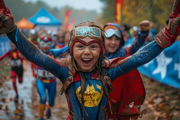 A group of runners in whimsical costumes joyfully crossing the finish line of a superhero-themed fun run