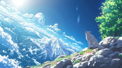 A space explorer with the head of a stoic wolf howls silently at the Earth below, a haunting image of loneliness, observed in poignant closeup
