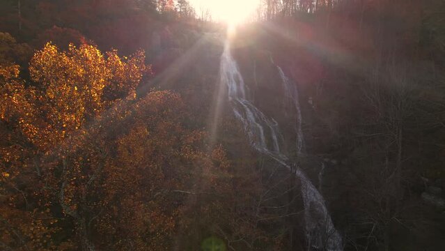 Aerial Bright Solar Flare Waterfall Autumn Landscape