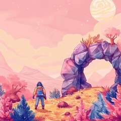 A traveler, equipped with a dimensional suit, steps through a portal, the landscape on the other side shimmering in iridescent closeup