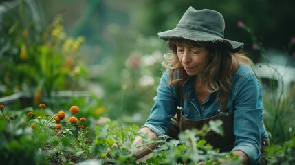 A woman is tending to a garden, wearing a straw hat and blue overalls - Powered by Adobe