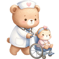 A cute teddy bear wearing a nurse hat and pushing a baby bear in a wheelchair.