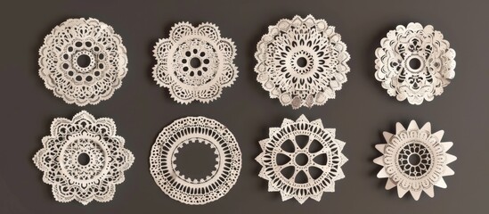 Several delicate doilies are displayed on a wall, creating a charming and vintage decoration