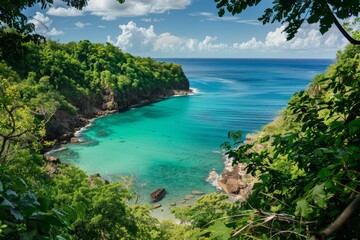 Fototapeta na wymiar A panoramic view of a secluded cove with crystal-clear turquoise water, fringed by lush greenery and a hidden waterfall