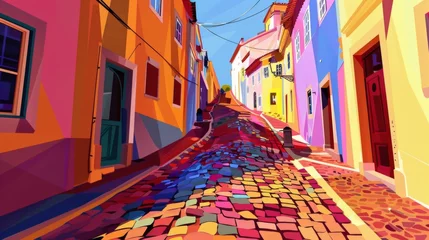 Deurstickers A playful pop art interpretation of a winding cobblestone street, colorful buildings, and stylized shadows © ktianngoen0128