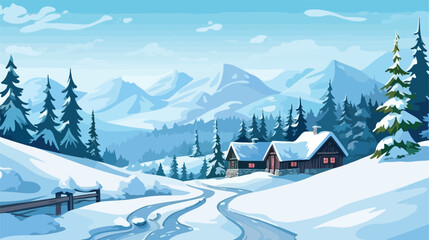 Winter landscape snow trees mountains and cottages