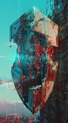 Fototapeta premium A fragmented shield emblem, cracked and distorted, overlaid with swirling glitches representing a compromised defense