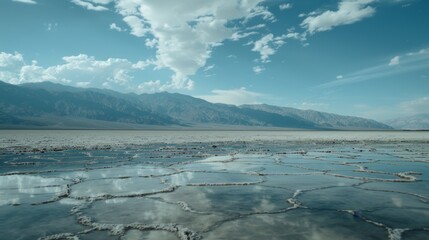 A vast, cracked salt flat reflecting the endless blue sky, distant mountains shimmering in a mirage
