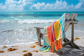 A vibrant beach towel draped over a weathered wooden chair, crystal-clear ocean waves crashing in the background