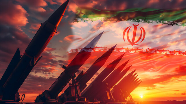 Missiles aimed at the sky at sunset, flag of Iran. Nuclear bomb, missile defense, fire salvo system