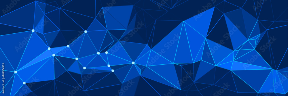 Poster abstract blue background with triangles and connected dots, plexus mesh backdrop