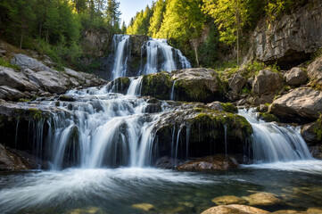Obraz premium Island Paradise Unveiled: Cascading Waterfall Plunges into a Crystal-Clear Pool 