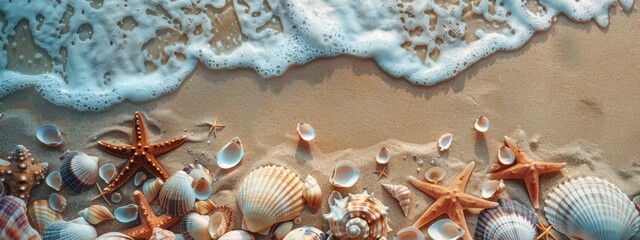 Seashell Wonderland: A Beachscape Adorned with Shells and Starfish Under the Sea Breeze