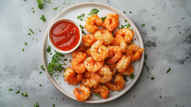 A top down image of a plate of fried shrimp and cocktail sauce on a plate.