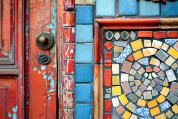 Colorful mosaic tiles adorning the entrance of an old apartment building, close-up detail