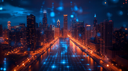 Illuminated aerial city panorama of Chicago Riverwalk downtown, Boardwalk with bridges, night time, Illinois, USA. Social media hologram. Concept of networking and establishing new people connections. - obrazy, fototapety, plakaty