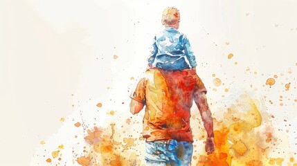 Fototapeta premium A watercolor drawing of a dad in an orange T-shirt carrying his son on his shoulders.