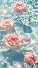 Tranquil Waters: A Sea of Clear Blue with Delicate Pink Roses Floating Gracefully