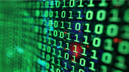 a screen filled with green binary code - strings of ones and zeros - that are a representation of data or coding in the digital realm