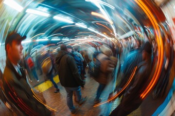 Fisheye lens panorama of a crowded subway platform, capturing the energy and movement