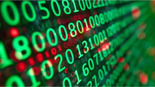 a screen filled with green binary code - strings of ones and zeros - that are a representation of data or coding in the digital realm