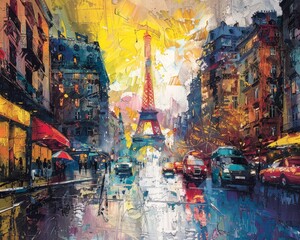 Obraz premium A painting of a city street with a tall tower in the background