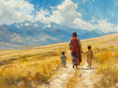 A painting of a woman and two children walking through a field