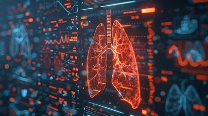 Comprehensive red lung illustrations on a cutting-edge medical interface displaying a range of health indicators and analytical data - obrazy, fototapety, plakaty
