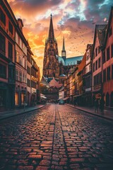 Panoramic view of a historic European city, cobblestone streets, quaint buildings, and a towering cathedral against a sunset sky - obrazy, fototapety, plakaty
