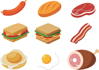 illustration of a set of food flat vector, egg, bread, sandwich, egg benedict, bacon, ham, sausage, meat