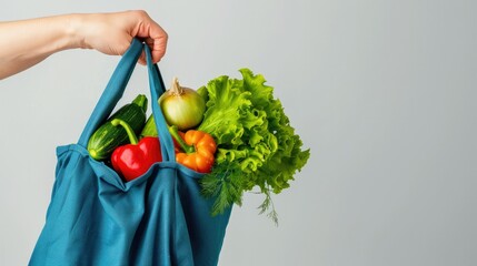 Harvest Bounty: A Hand Holding a Vibrant Blue Cloth Bag Overflowing with Freshly Picked Vegetables