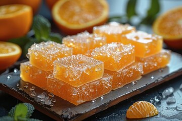 Deliciously Vibrant: Orange Jelly Slices and Fresh Oranges Arranged on a Plate for a Refreshing and Citrusy Treat