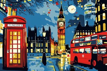 Pop art London cityscape, iconic red telephone booth, double-decker bus, and stylized Big Ben