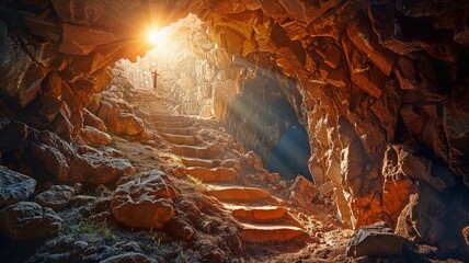 A stone tunnel filled with light beams protruding from within an empty tomb. Jesus Christ's Easter resurrection. Christian Easter idea; Christianity; faith; religion. - obrazy, fototapety, plakaty