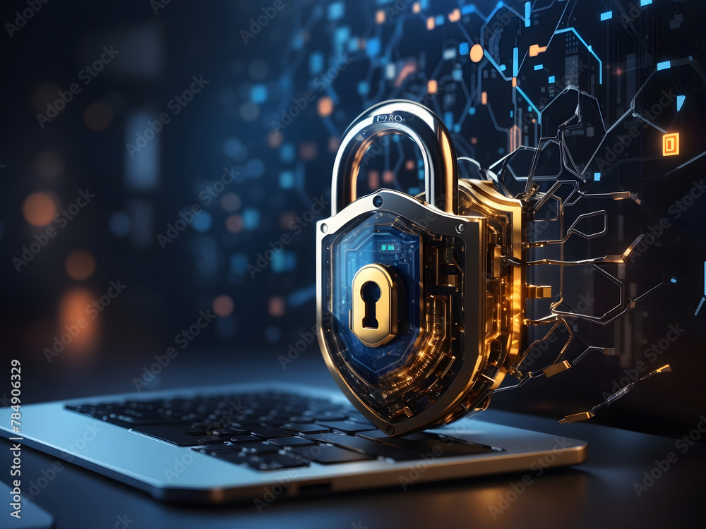 Poster a hyper-realistic image showcasing the concept of cybersecurity and privacy to protect data center, 