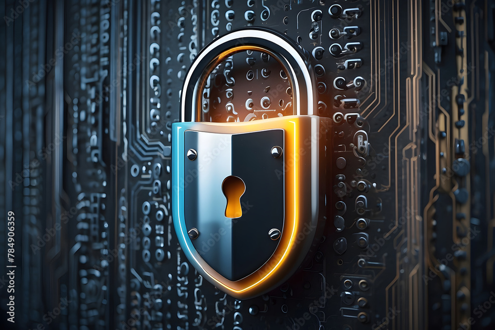 Poster a hyper-realistic image showcasing the concept of cybersecurity and privacy to protect data center, 