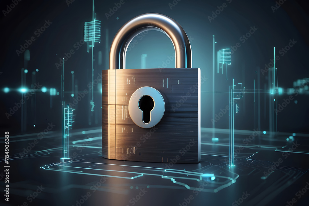 Poster a hyper-realistic image showcasing the concept of cybersecurity and privacy to protect data center, 