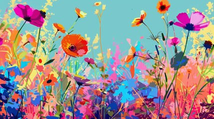 Realistic pop art meadow in full bloom, vibrant wildflowers, bold colors, stylized grass blades, yet realistic textures
