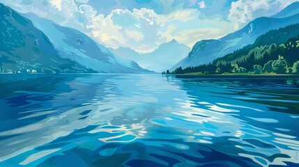 Realistic pop art rendition of a crystal-clear mountain lake, vibrant reflections, stylized ripples, and smooth textures - obrazy, fototapety, plakaty