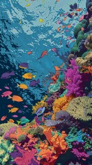 Realistic pop art rendition of a vibrant coral reef teeming with fish, stylized textures, contrasting colors, realistic forms