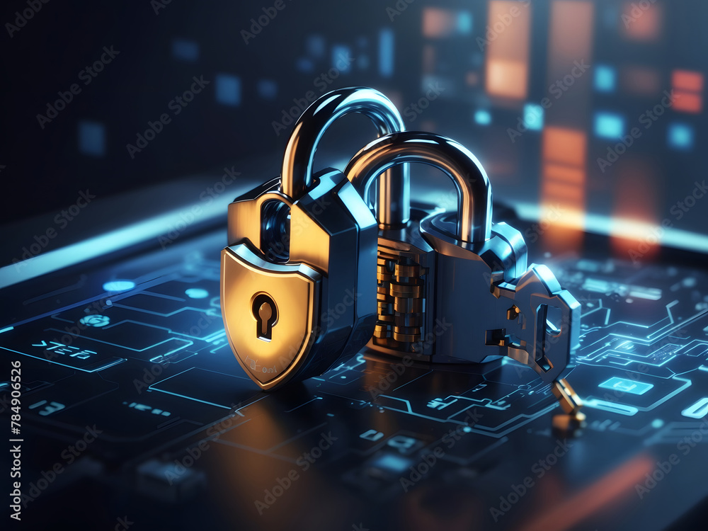 Poster a hyper-realistic image showcasing the concept of cybersecurity and privacy to protect data center, 