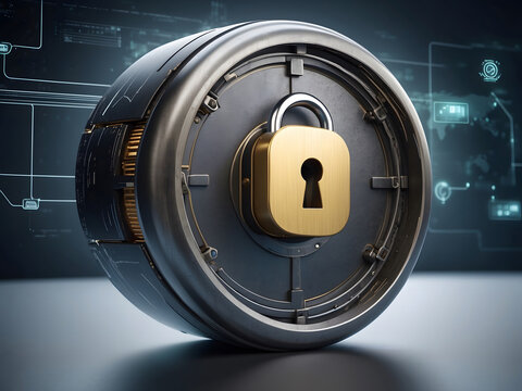 A hyper-realistic image showcasing the concept of cybersecurity and privacy to protect data center, focusing on a robust lock icon symbolizing security lock design.