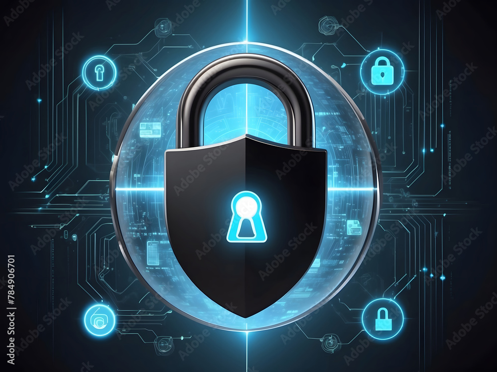 Poster a hyper-realistic image showcasing the concept of cybersecurity and privacy to protect data center, 