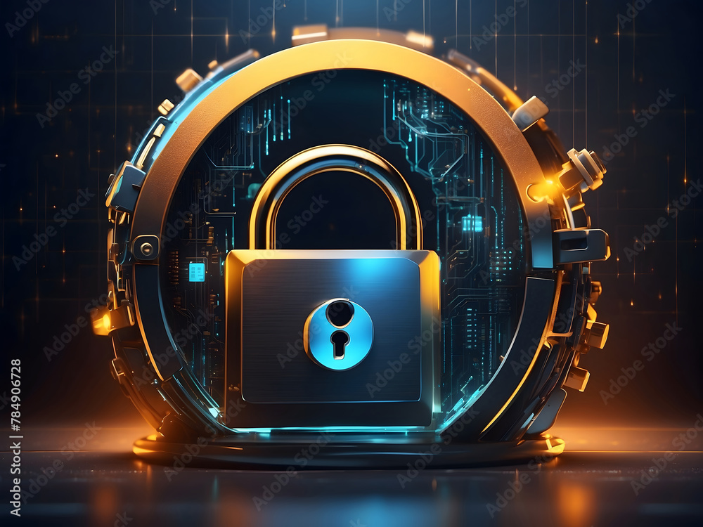 Poster a hyper-realistic image showcasing the concept of cybersecurity and privacy to protect data center, 