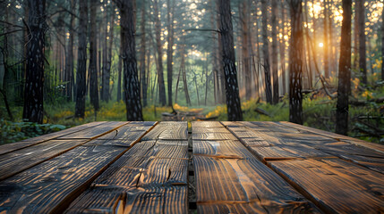 Wooden Table for Product Presentation Amidst a Serene Forest Landscape at Sunset