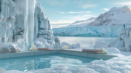 Arctic Oasis Against a backdrop of frozen mountains and glaciers the podium features a soothing ice bath filled with nourishing skincare . . - obrazy, fototapety, plakaty