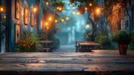 Wooden Table in Enchanted Outdoor Cafe at Night